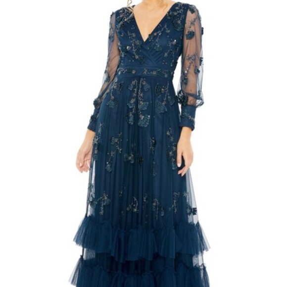 Mac Duggal Twilight Blue Embellished Long Sleeve Ruffle Tulle Gown - Picture 1 of 5